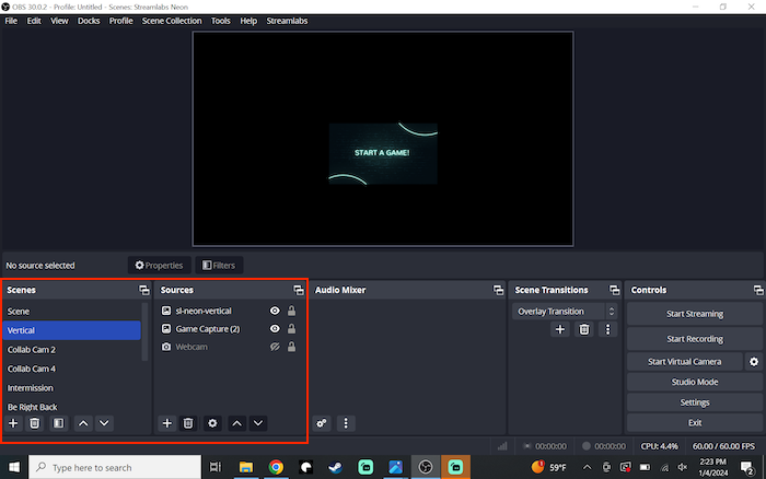 Scenes and Sources windows within OBS Studio